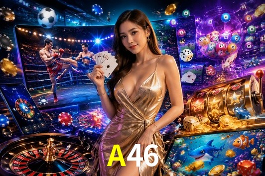 Escena dinámica inspirada en casino con iluminación A46, cartas, fichas e íconos de juegos digitales en un espacio moderno de juegos.