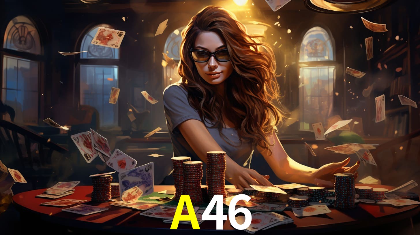 Una escena digital vívida inspirada en casino con A46 mostrado prominentemente, luces brillantes, fichas, cartas y acentos dorados.